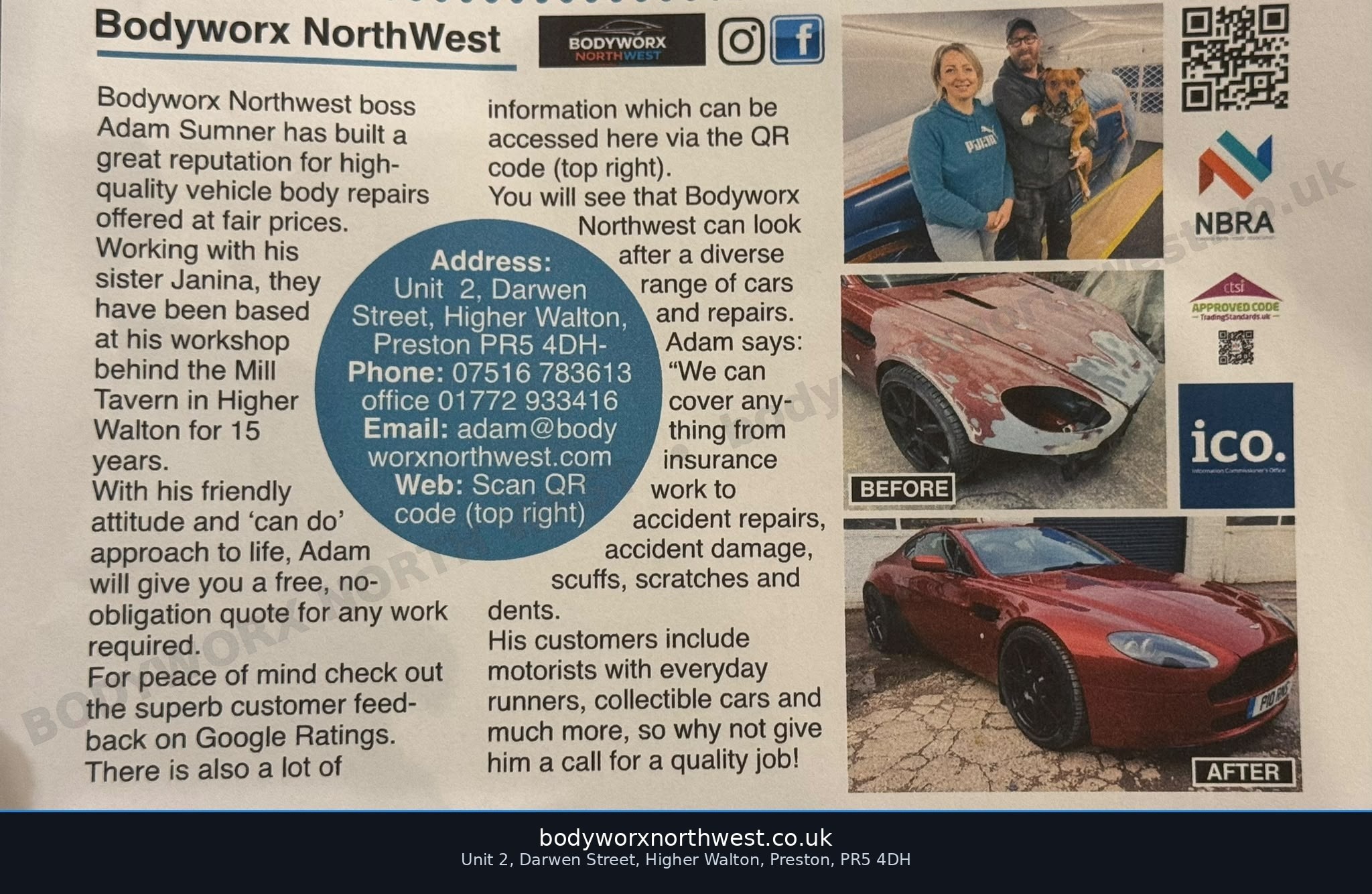 Local business feature about Bodyworx North West, with workshop photo and before-and-after body repair photographs
